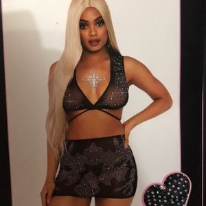 Rhinestone Lingerie Crop-top Mini Skirt Set